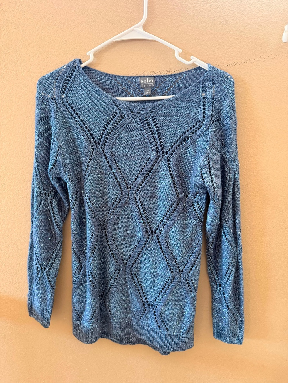 Soho Blue Openwork Diamond-Pattern Crewneck Sweater